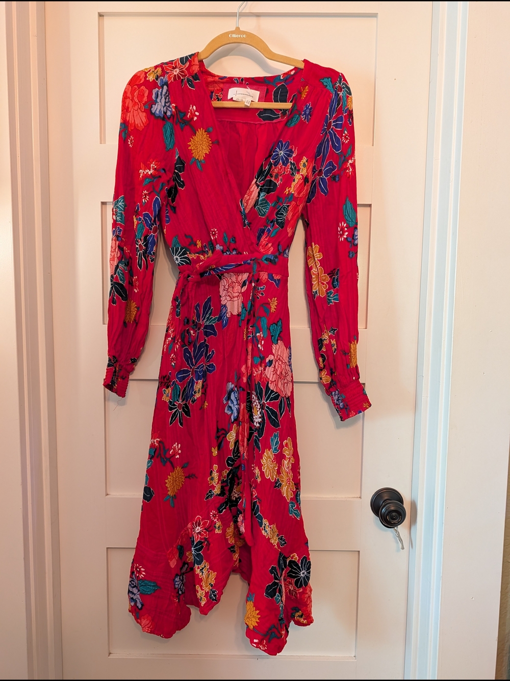 Anthropologie Red Floral Dress with Long Sleeves